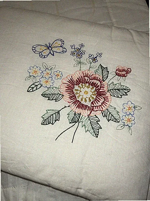 2 NOS Beige Natural Floral Embroidered Pillow Shams Garden Boho Butterfly Cottag