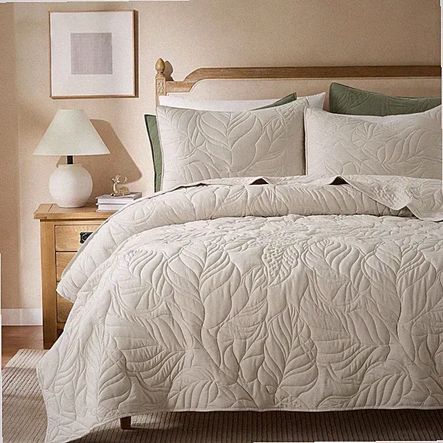Beige King Size Quilt Set, Neutral Soft Lightweight Bedspread, Farmhouse Rustic