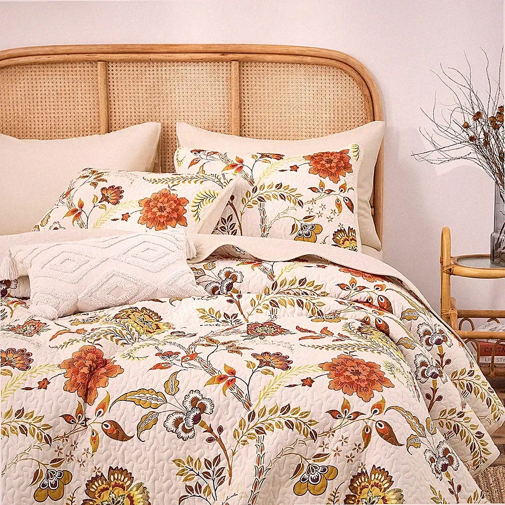 Boho Quilt Set, Floral Bohemian Chic Country Botanical Colorful Funky Flower P