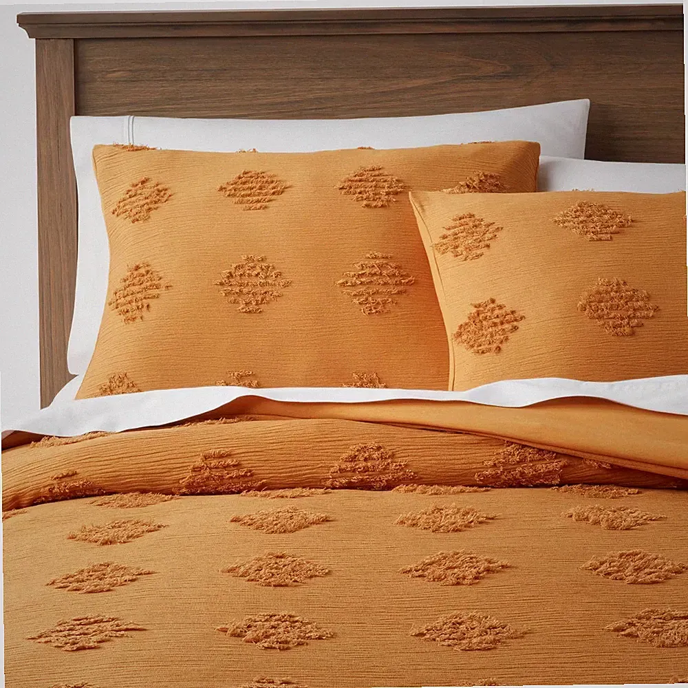 Full/Queen Tufted Diamond Crinkle Duvet Cover and Sham Set Dark Gold