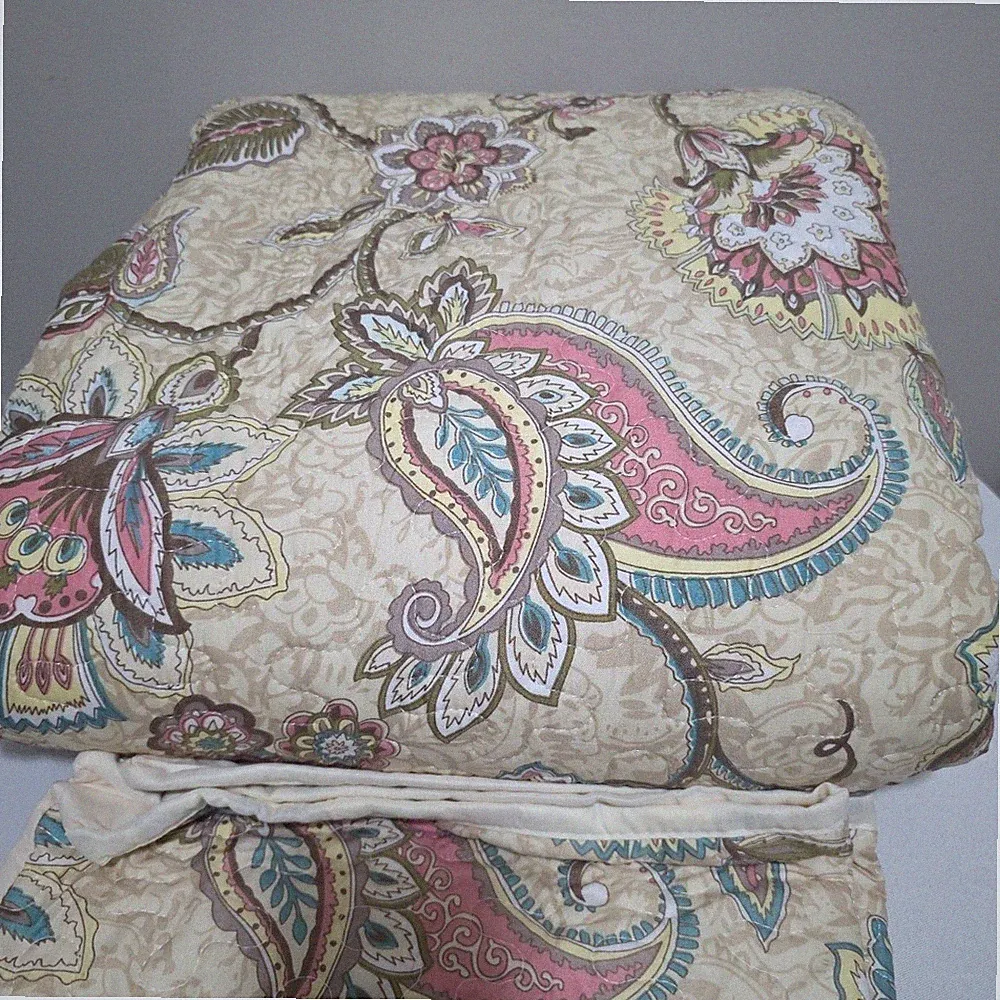 King Bedspread Quilt BOHO NEUTRAL PAISLEY FLOWER Beige Pink Blue 110x90" & Sham