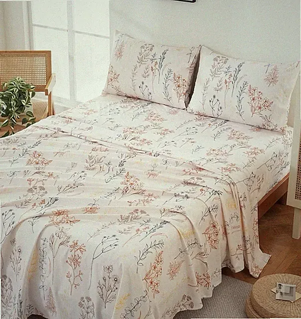 King Floral Sheet Set - 4pc Beige Boho Botanical Bedding - 15" Deep Pocket