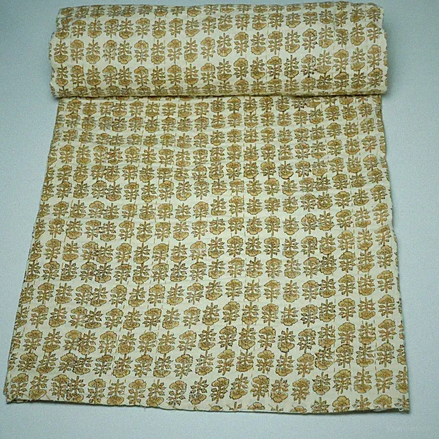 Mustard Beige Block Print Cotton Kantha Bedspread Handmade Boho Quilt