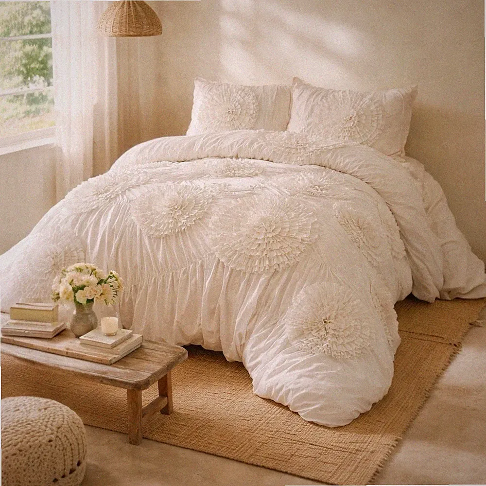 NEW Anthro Ivory Beige 3D Floral Queen / King Boho Comforter Bedding & Sham Set