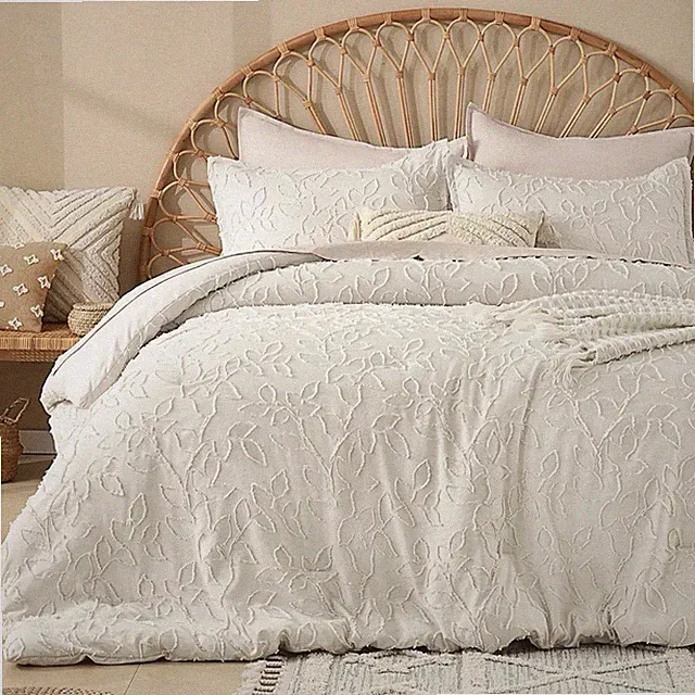 NEW Anthro Ivory Beige Tufted Floral Queen King Boho Comforter Bedding Sham Set