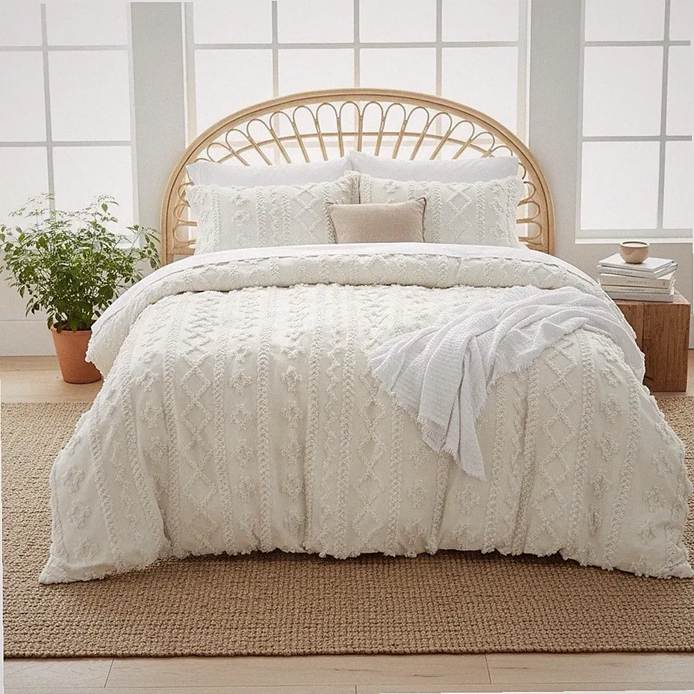 NEW Anthropologie Beige Boho Queen Size Tufted Fringe Bedding Duvet & Sham Set
