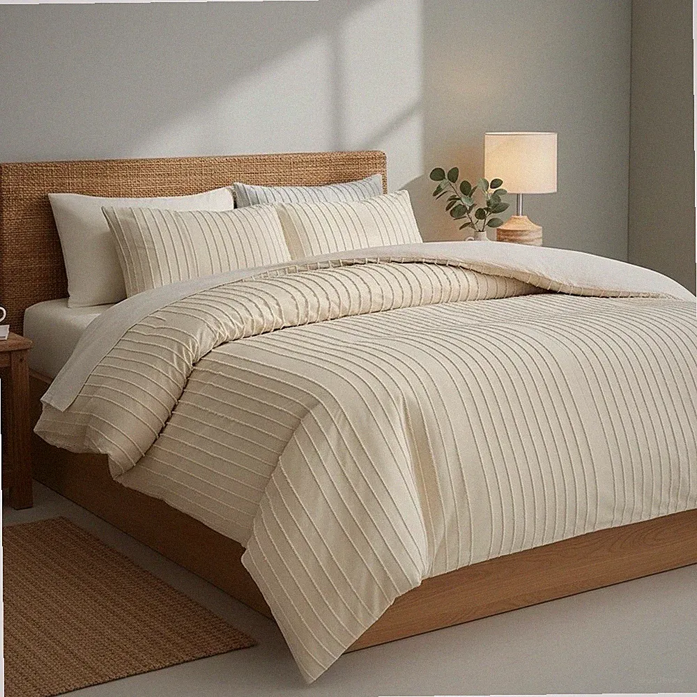 NEW West Elm Beige Cream Boho King Size Tufted Fringe Bedding Duvet & Sham Set