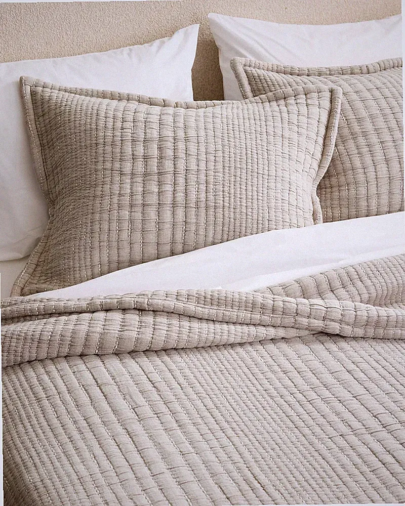 QUINCE ORGANIC COTTON CHANNEL STITCH COVERLET SET 3 PC TAUPE NEW /FULL/QUEEN